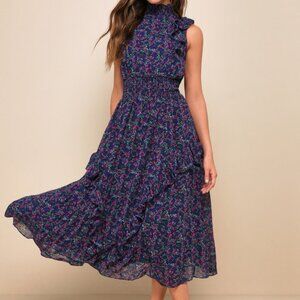 Evalina Navy Blue Floral Print Mock Neck Midi Dress